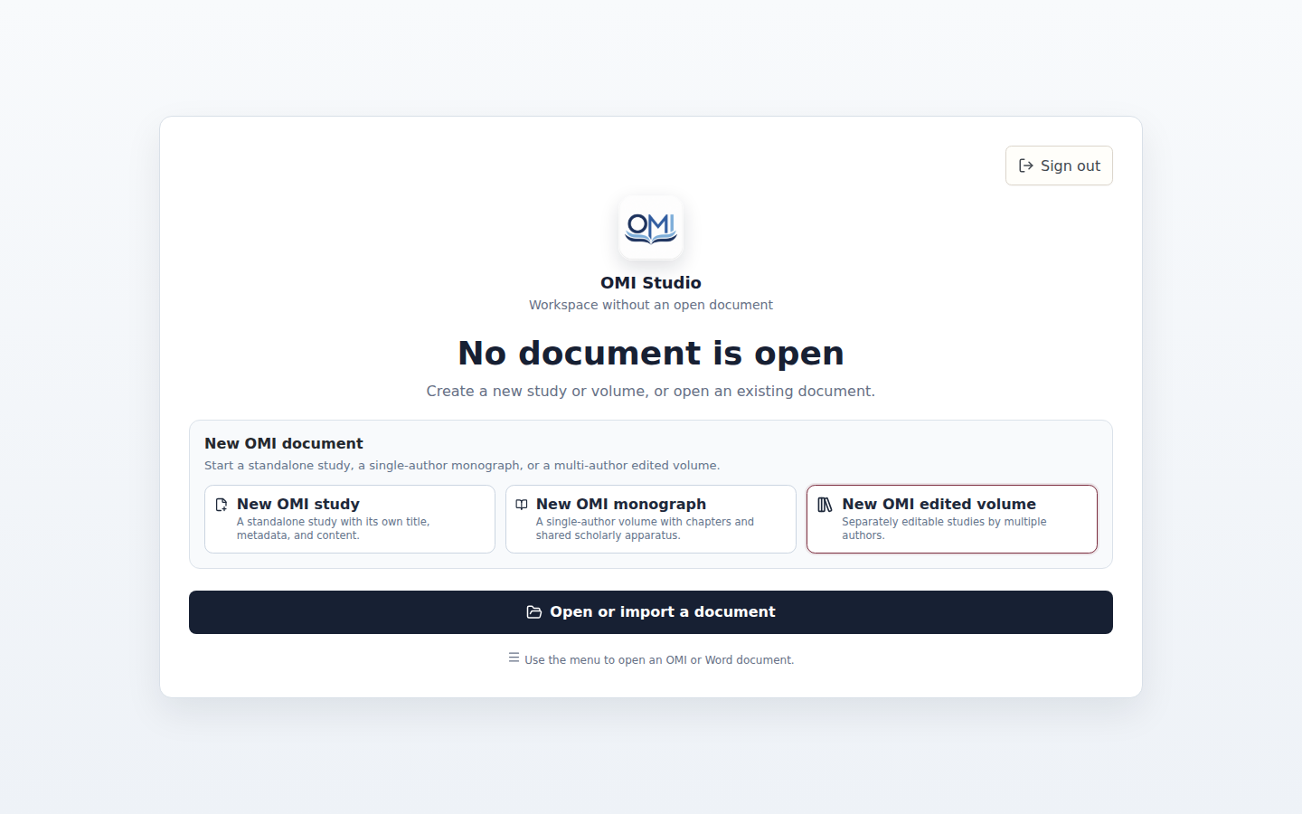 Open Manuscript Studio document-free workspace