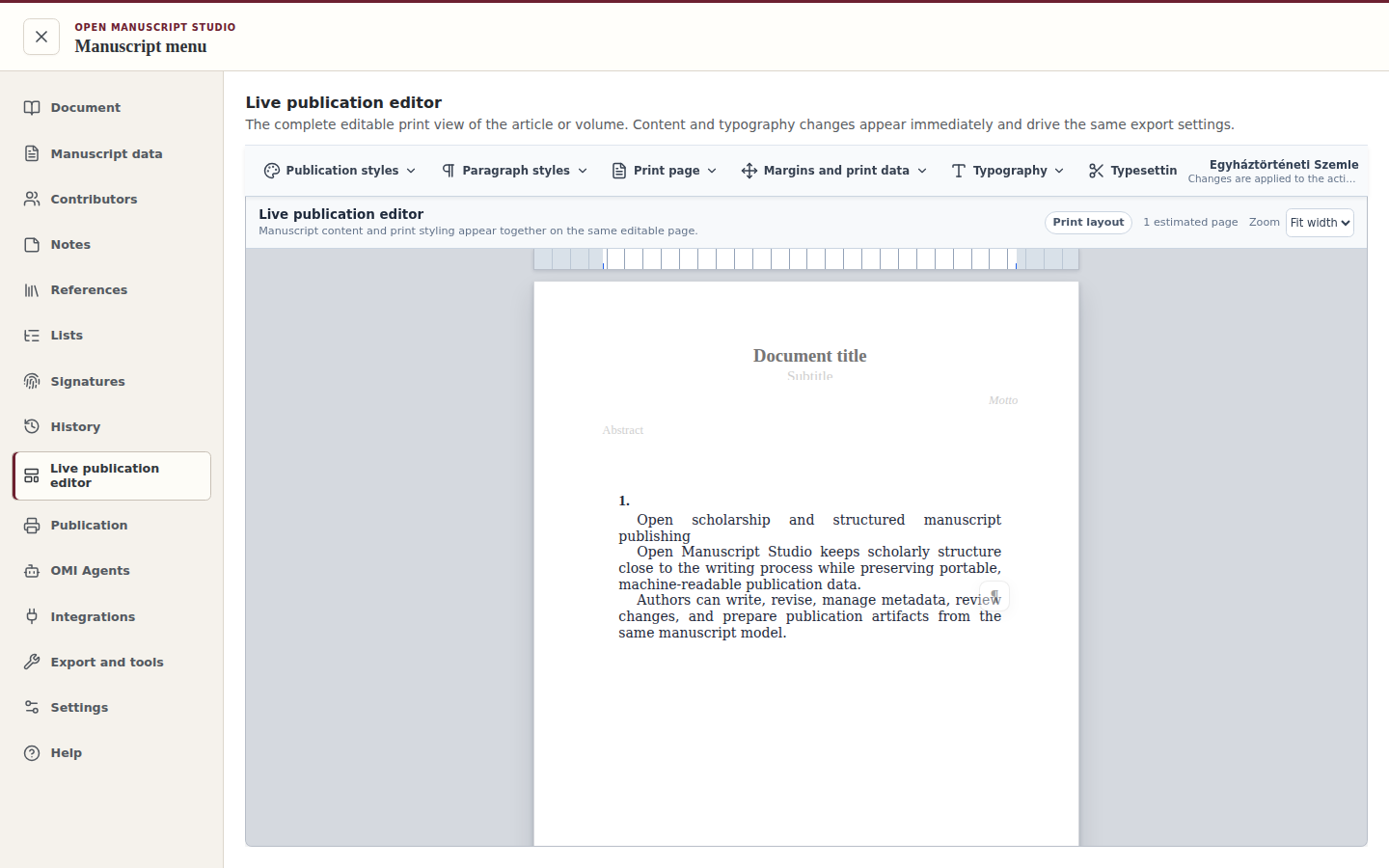 Open Manuscript Studio live publication editor